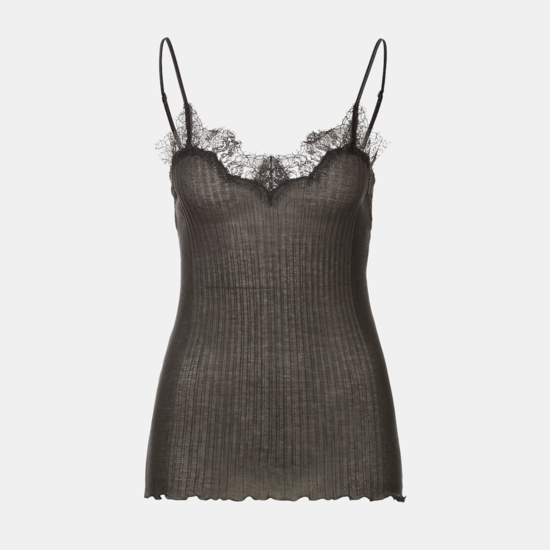 Shop Rescue Spa Richelieu dark shadow spaghetti top in ribbed Pima cotton with delicate lace trim