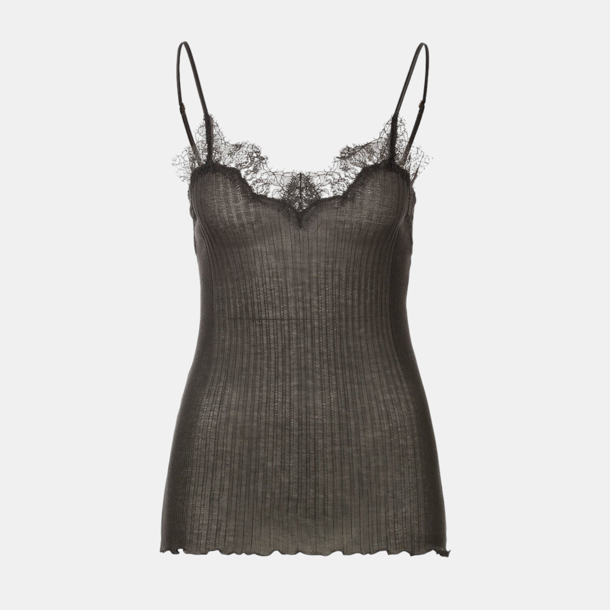Shop Rescue Spa Richelieu dark shadow spaghetti top in ribbed Pima cotton with delicate lace trim
