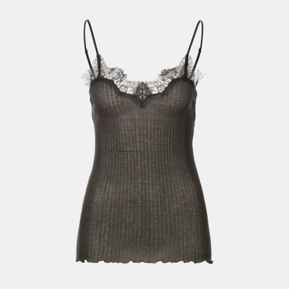 Shop Rescue Spa Richelieu dark shadow spaghetti top in ribbed Pima cotton with delicate lace trim