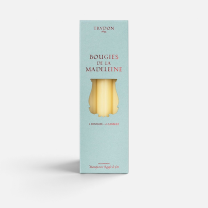 Shop Rescue Spa Trudon Madeleine taper candles in a light blue box with six cream-colored wax candles visible.
