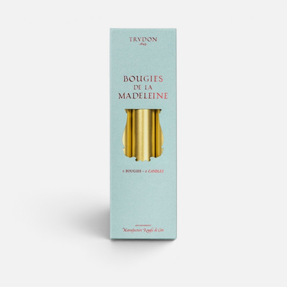 Shop Rescue Spa Trudon Madeleine taper candles in a light blue box containing six black dripless wax candles.
