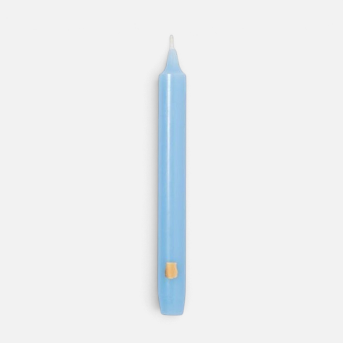 Shop Rescue Spa Madeleine light blue taper candle with a small wax emblem detail on a plain white background.