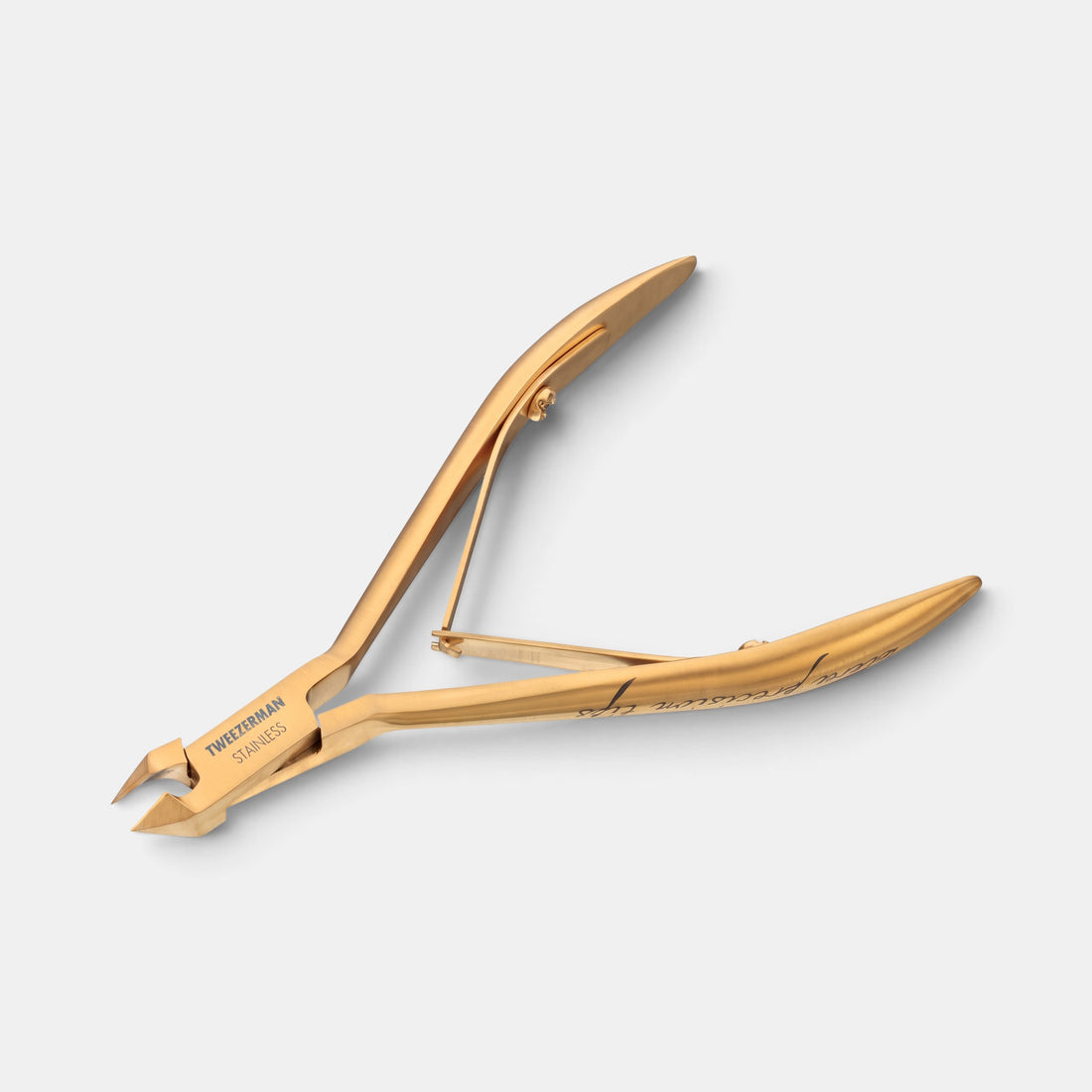 Shop Rescue Spa Tweezerman Ultra Precision Nipper in gold titanium-coated stainless steel for cuticle trimming.