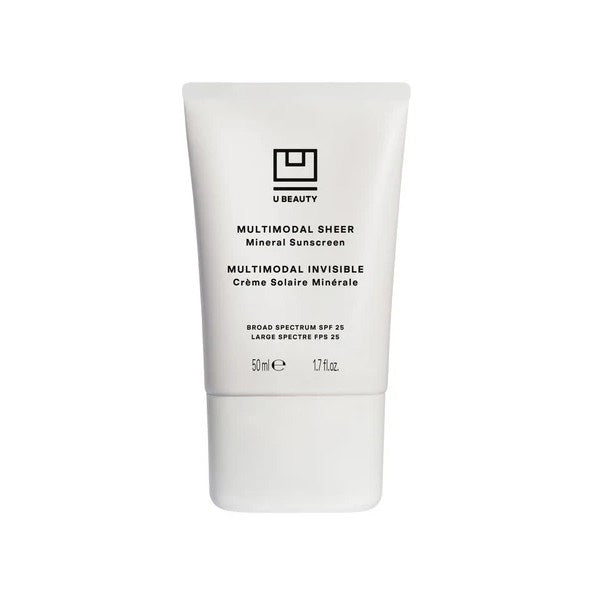 1.7 fl. oz. bottle of U Beauty Multimodal Sheer Mineral Sunscreen Broad Spectrum SPF 25. Ultra lightweight SPF-primer hybrid that promotes a radiant complexion.