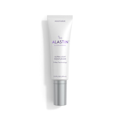 Alastin ultra light moisturizer tube on a white background.  Restorative Moisturizer with ceramides