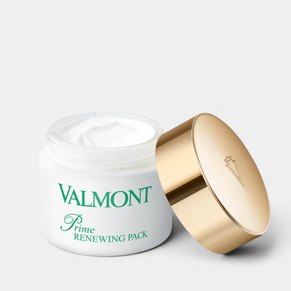 Valmont Prime Renewing Pack 75ml jar with lid placed beside it, shown on a clean white background.