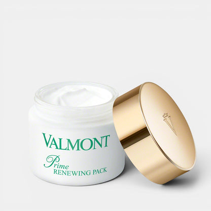 Valmont Prime Renewing Pack 75ml jar with lid placed beside it, shown on a clean white background.