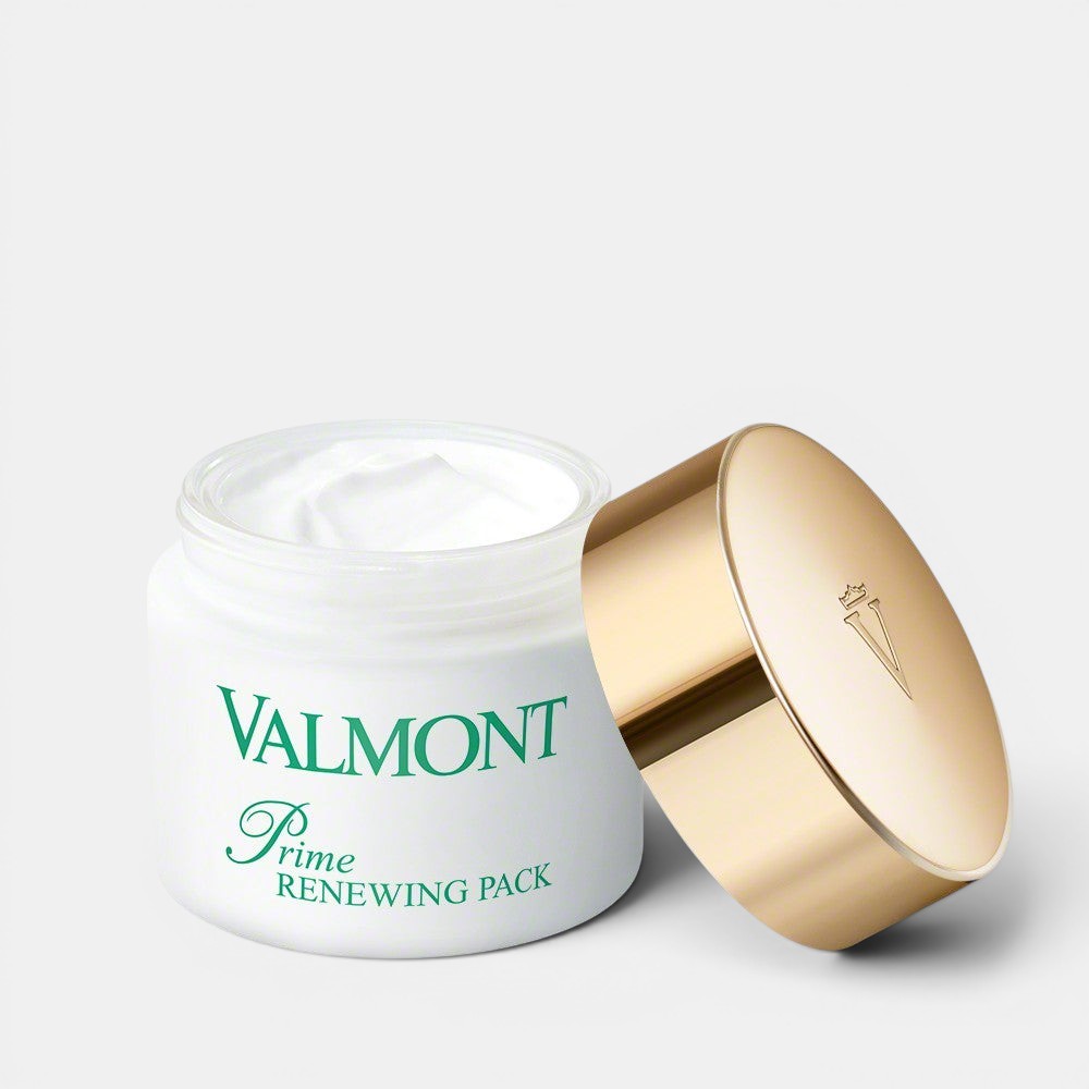 Valmont Prime Renewing Pack 75ml jar with lid placed beside it, shown on a clean white background.