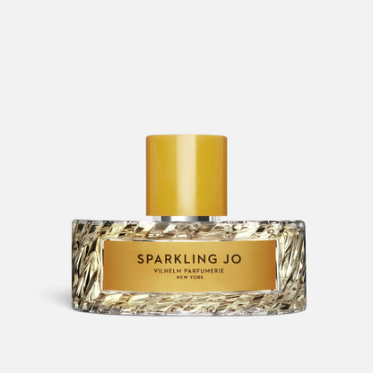 Shop Rescue Spa Sparkling Jo perfume bottle with a textured glass base and gold cap, featuring pear and champagne notes.
