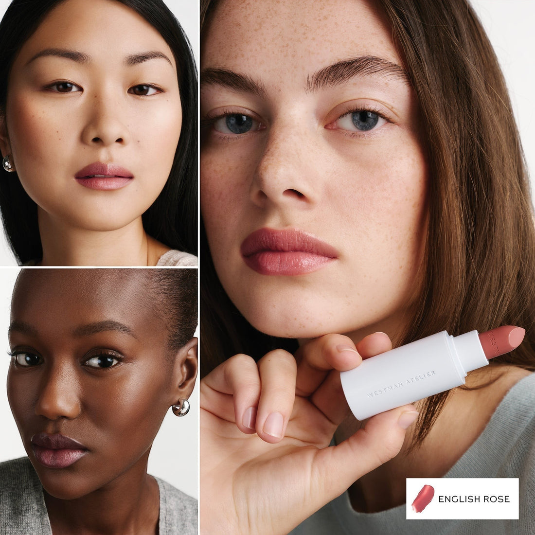 Three women with close-up views of their faces and a hand holding a lipstick labeled &