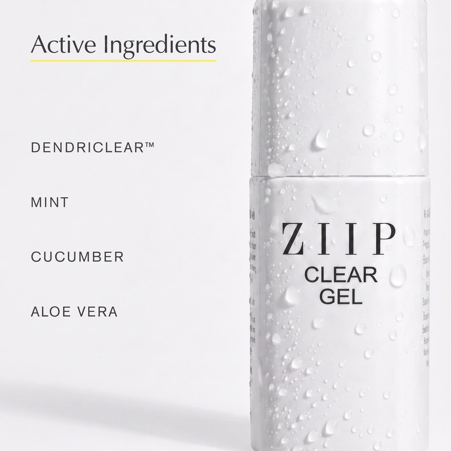 Shop Rescue Spa ZIIP Clear Gel bottle featuring active ingredients list including Dendriclear, mint, cucumber, and aloe.
