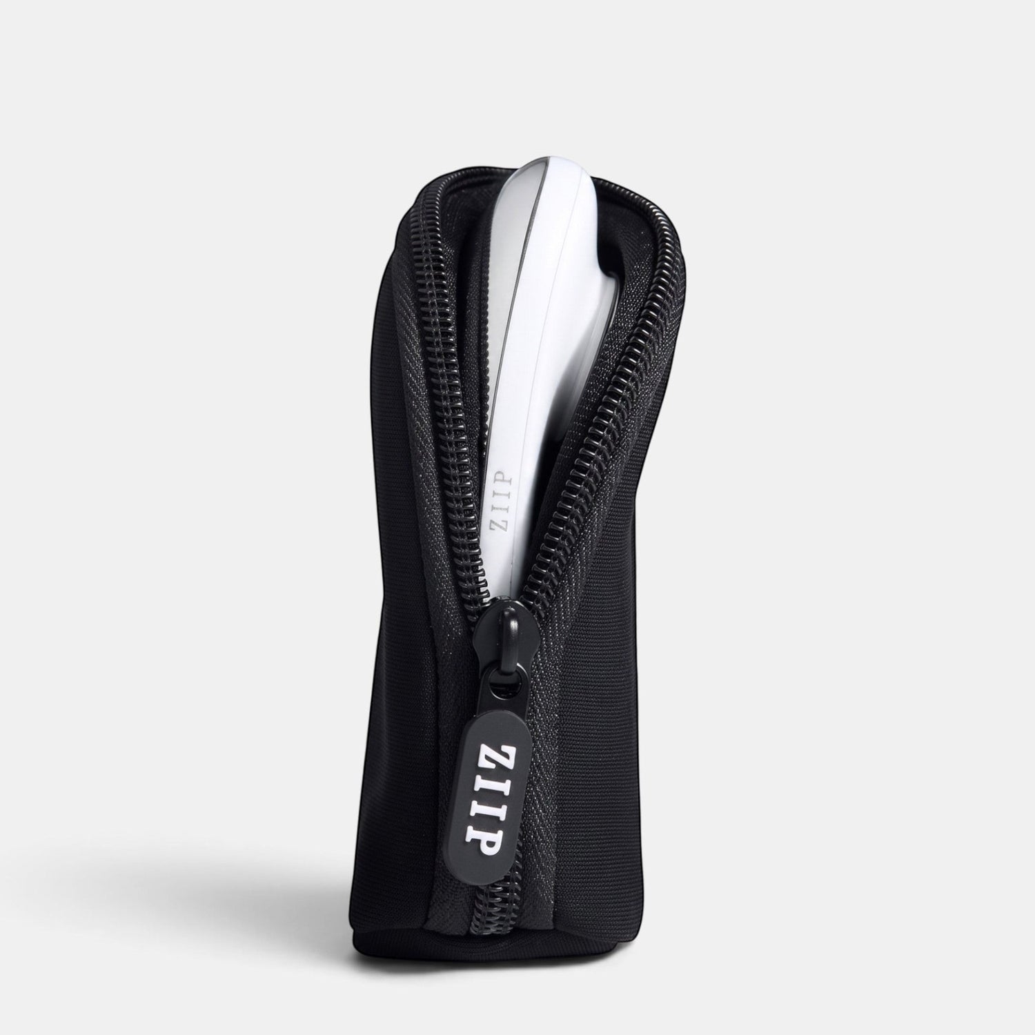 ZIIP travel bag in ultra-black neoprene with a custom ZIIP zipper pull, holding a ZIIP device.