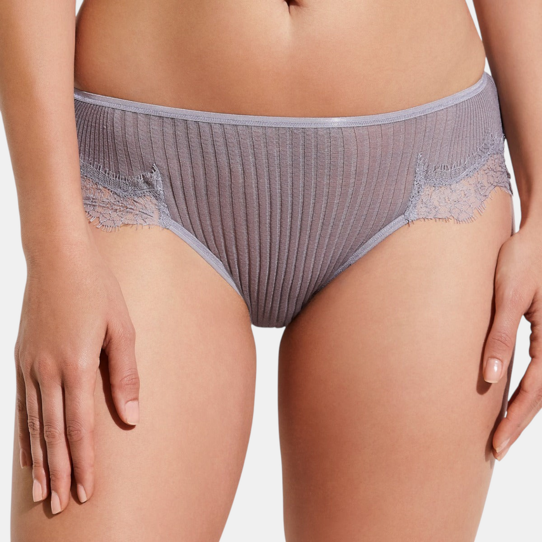 Shop Rescue Spa Richelieu taupe grey cotton briefs featuring delicate ribbed texture and elegant eyelash lace trim.