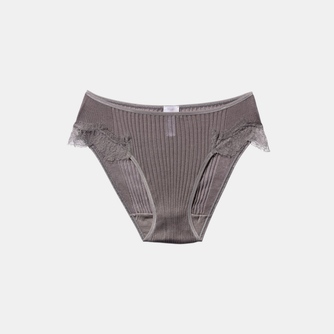 Shop Rescue Spa Richelieu briefs in taupe grey cotton with delicate eyelash lace trim and ribbed texture.