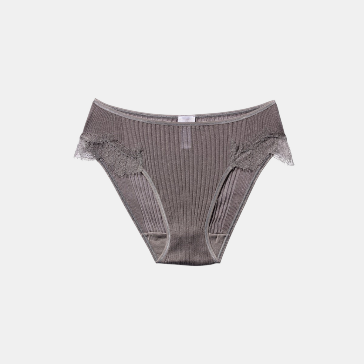 Shop Rescue Spa Richelieu briefs in taupe grey cotton with delicate eyelash lace trim and ribbed texture.