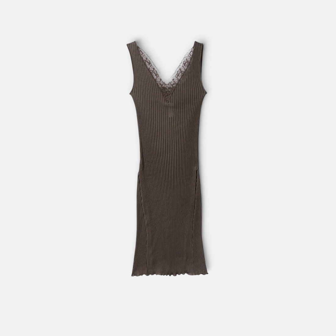 Shop Rescue Spa Maude Prive negligee in black olive cotton with a V-neck, tulle embroidery, and ribbed texture.