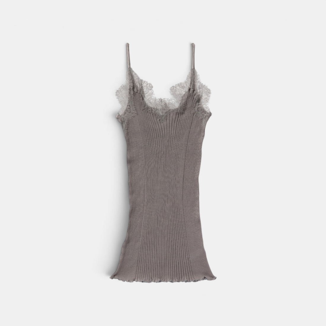 Shop Rescue Spa Richelieu spaghetti top in taupe grey Pima cotton with delicate floral eyelash lace and ribbed detail