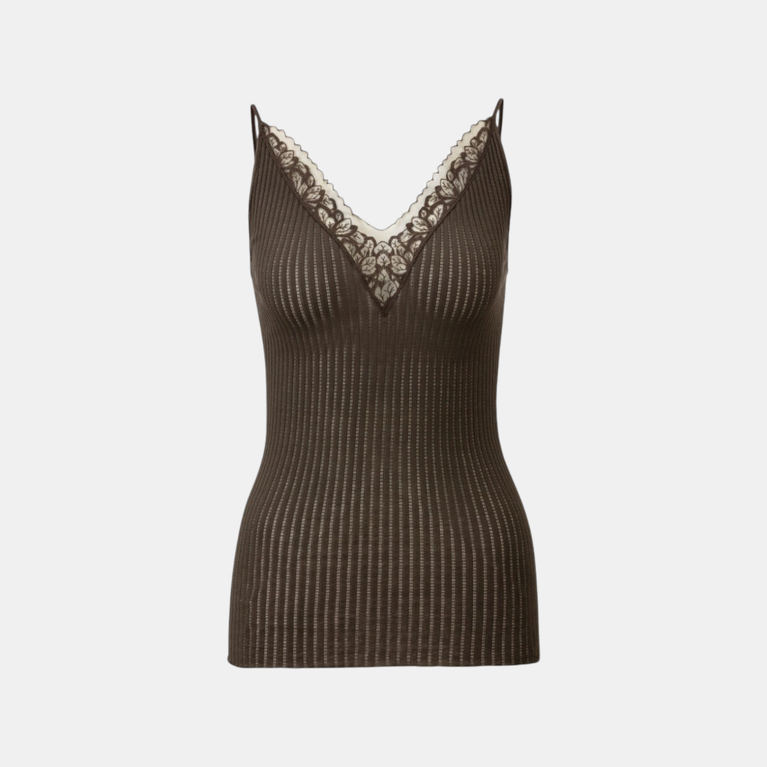 Shop Rescue Spa Maude Prive black olive cotton spaghetti top with V-neck tulle embroidery and ribbed texture