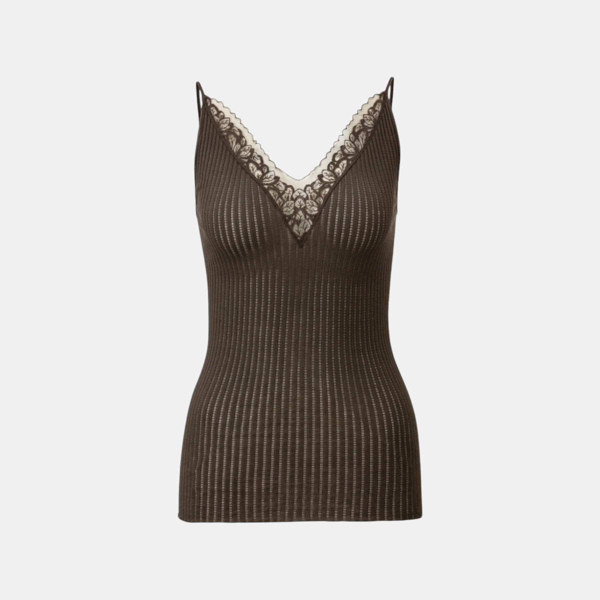 Shop Rescue Spa Maude Prive black olive cotton spaghetti top with V-neck tulle embroidery and ribbed texture