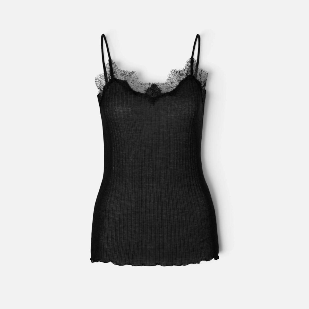 Shop Rescue Spa slate grey Pima cotton spaghetti top with delicate eyelash lace trim and adjustable satin straps.