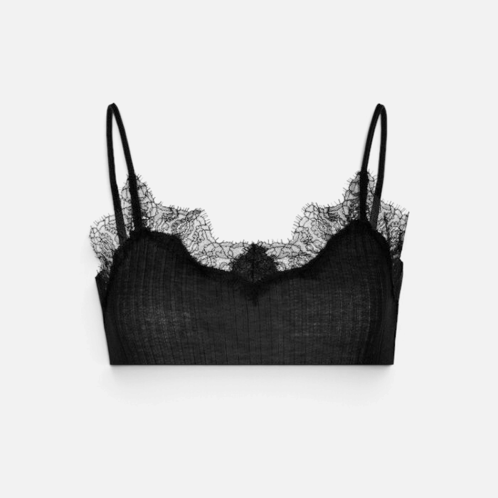Shop Rescue Spa slate grey Pima cotton spaghetti top with delicate eyelash lace trim and adjustable satin straps.
