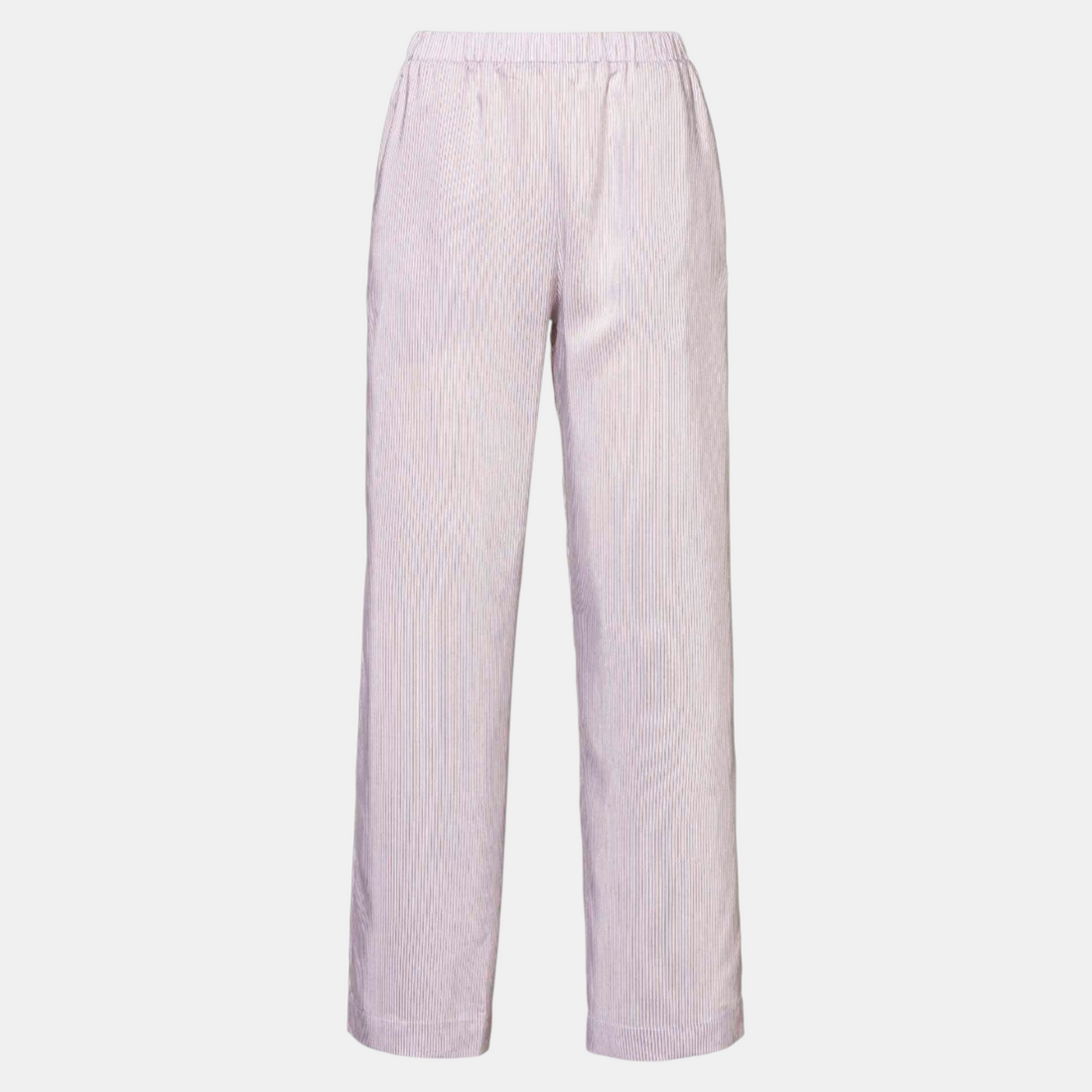 Shop Rescue Spa long straight-leg pants in sand with subtle vertical stripes, made from a smooth viscose-silk blend.