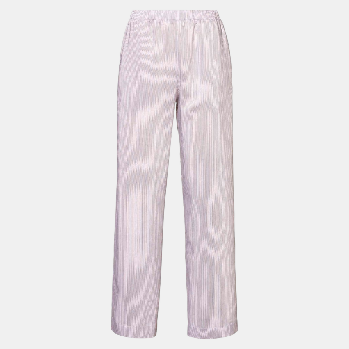 Shop Rescue Spa long straight-leg pants in sand with subtle vertical stripes, made from a smooth viscose-silk blend.