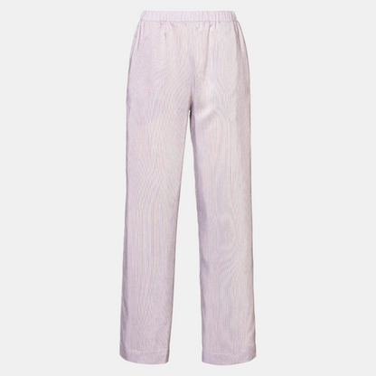 Shop Rescue Spa long straight-leg pants in sand with subtle vertical stripes, made from a smooth viscose-silk blend.