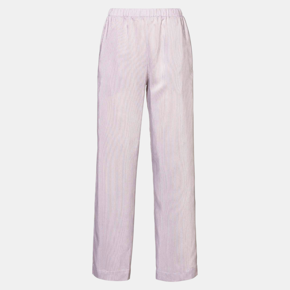 Shop Rescue Spa long sand-colored trousers with fine vertical stripes, elastic waistband, and straight-leg fit.
