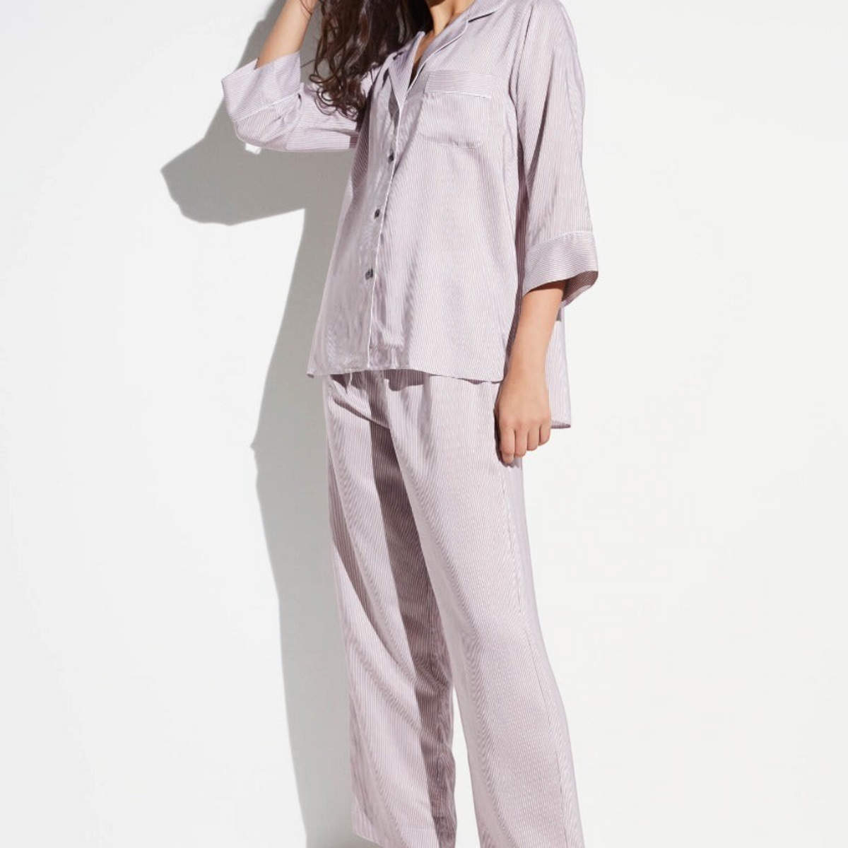Shop Rescue Spa long sand striped viscose and silk pajama pants with a relaxed straight cut and elastic waistband